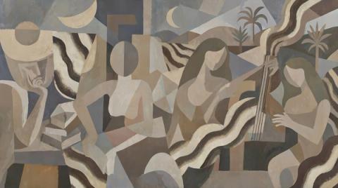 Figures, instruments and moons drift across a taupe and slate ground in flat cubist planes. A conversational piece for a dining room or a landing.