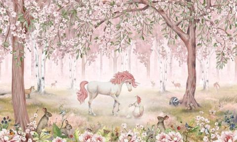 The same unicorn woodland warmed with blush pinks and blossom. Soft and dreamy, made for a tender, romantic room.