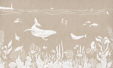 Whales, rays and little fish drift through a tonal underwater scene that lightens from the seabed up to the surface. Printed in a single tone of warm brown. Peaceful and dreamy, made for a room you want to feel still.