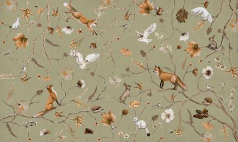 Foxes, owls and little birds scattered among fine branches and wildflowers in a light, hand-drawn all-over design. Shown on a sage green ground. Even and delicate across the wall, it dresses a room without crowding it.