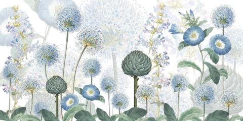 Alliums, hydrangeas and morning glory in every shade of blue rise against a soft, clouded sky. Fresh and open, it brightens a room that does not get much sun without weighing it down.