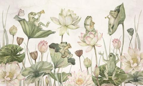 Lotus and water lilies open across a still pond in soft pinks and greens. Calm and botanical, a serene scene for a restful room.