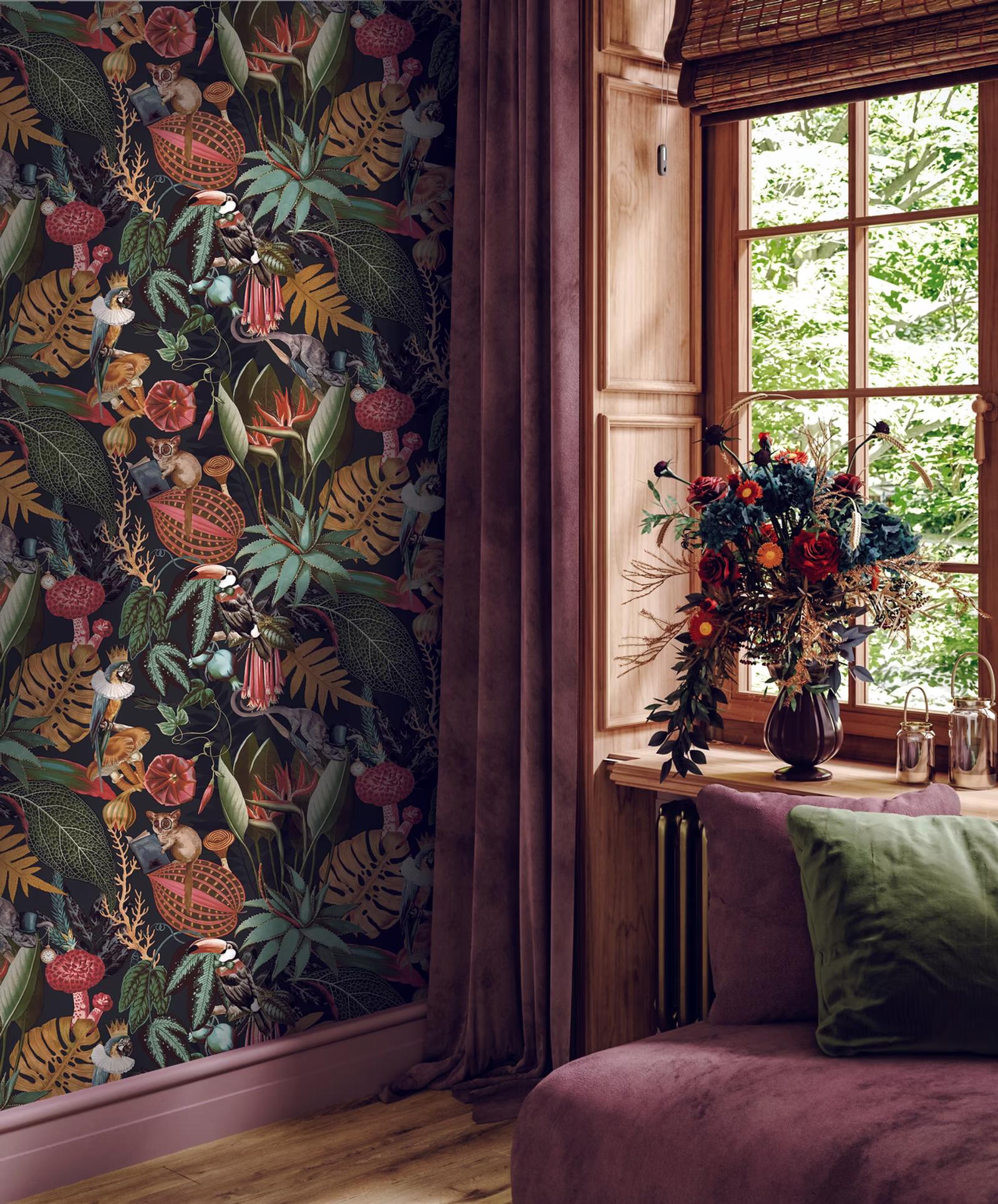 Reverie Black tropical wallpaper beside a window seat