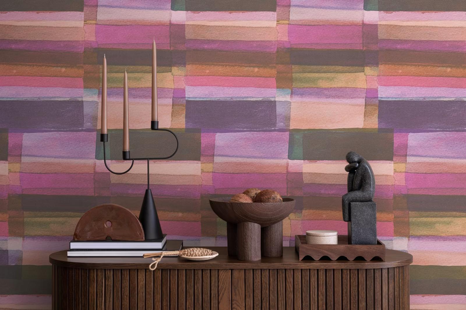Magenta Blocks wallpaper above a fluted sideboard with candlesticks