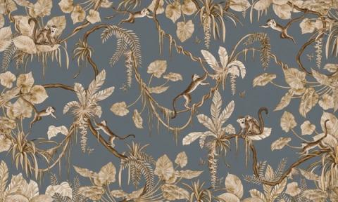 Monkeys swing through hanging vines and palm fronds in a lively all-over design, with flamingos and birds tucked among the leaves. Shown in a softened vintage blue palette. Busy in the best way, with something new to spot each time.