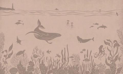 Whales, rays and little fish drift through a tonal underwater scene that lightens from the seabed up to the surface. Printed in a muted, vintage pink. Peaceful and dreamy, made for a room you want to feel still.