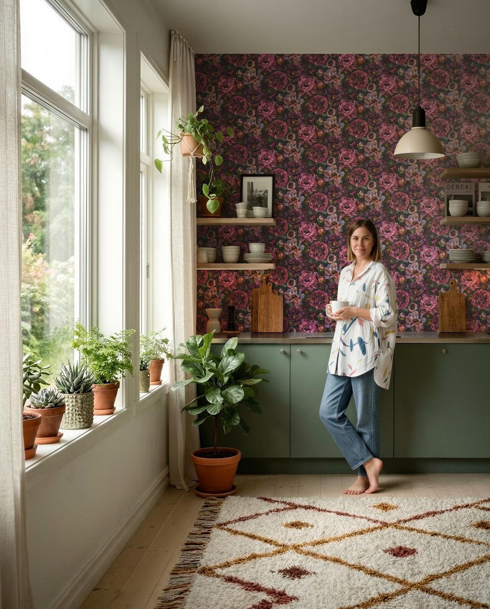 Green Peony wallpaper in a plant-filled kitchen
