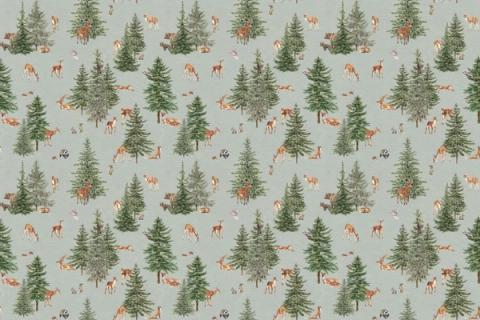 Rows of pine trees with deer and foxes between them, here on a soft blue ground. As a true repeat it tiles to fit any wall, whether as an all-over nursery paper or a single feature panel.