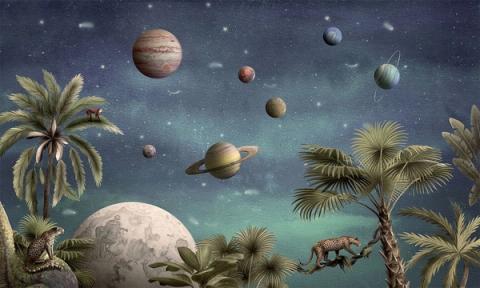 Planets and stars hang over palms and dinosaur silhouettes in a deep night sky. Dreamy and a little cosmic, made for stargazers.