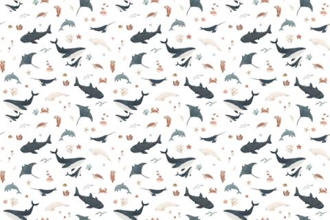 Whales, rays and sea creatures drifting across the wall, here on a clean white ground. As a true repeat it tiles to fit any wall, whether as an all-over nursery paper or a single feature panel.