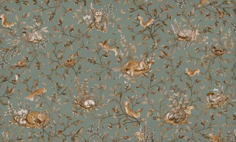 Woodland animals — rabbits, foxes and birds — dotted through leaves and berries in a fine all-over pattern. Shown in a softened vintage green palette. Warm and storybook, it is a wall a child grows into.