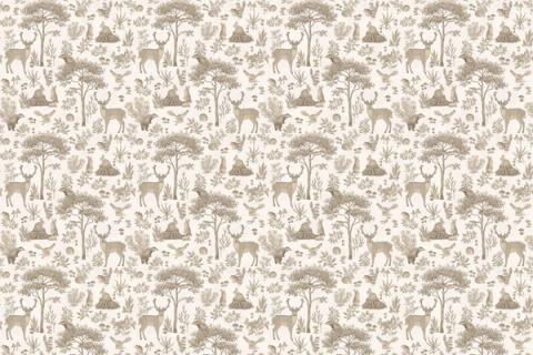 A storybook forest of trees, deer and toadstools drawn close together, here in a vintage white palette. As a true repeat it tiles to fit any wall, whether as an all-over nursery paper or a single feature panel.
