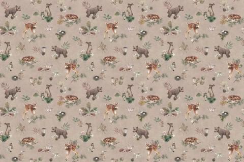 Woodland animals gathered under trees in a warm little scene, here on a warm brown ground. As a true repeat it tiles to fit any wall, whether as an all-over nursery paper or a single feature panel.