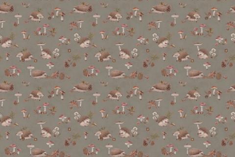 Hedgehogs, mushrooms and leaves dotted through a cosy design, here on a warm brown ground. As a true repeat it tiles to fit any wall, whether as an all-over nursery paper or a single feature panel.