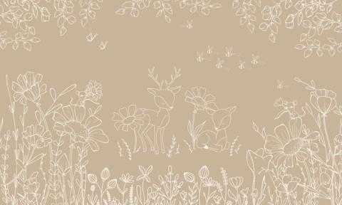 Fine white line drawings of deer, wildflowers and bees across a soft ground.