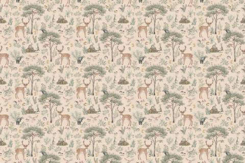 A storybook forest of trees, deer and toadstools drawn close together, here on a warm beige ground. As a true repeat it tiles to fit any wall, whether as an all-over nursery paper or a single feature panel.