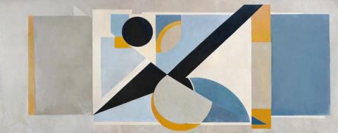 A framed composition of blue planes and black diagonals, lifted by two marks of warm yellow. The calmest of the three, and the easiest to live with day to day.
