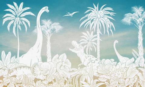 Long-necked dinosaurs wander among tall palms and ferns, drawn as a soft tonal silhouette that fades from a deeper sky into a paler foreground. Printed in soft blue, with a softly coloured sky behind. A calm, graphic take on a prehistoric world — grown-up enough to outlast the dinosaur years.