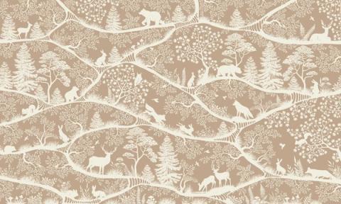 Deer, bears and foxes in fine silhouette along winding branches.