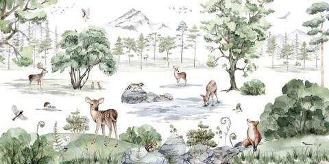 The same deer and pond under a soft winter light, the palette cooled to pale greys and blues. Still and peaceful, like a snowfall about to begin.