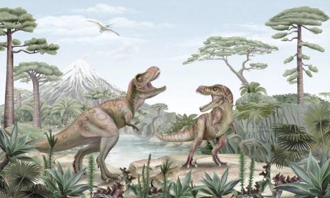 Two tyrannosaurs face off by a lake with mountains behind, in soft greens and blues. Exciting but gently coloured, a favourite for dinosaur fans.