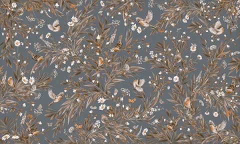 Robins and other small birds rest among ferns and slender foliage, drawn as a soft repeating spray. Shown in a softened vintage blue palette. Gentle and green, it suits a nursery that leans natural rather than bright.