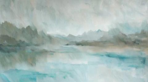Turquoise water lies beneath a heavy grey sky, with mist gathering along the far shore. The most atmospheric piece in the family.