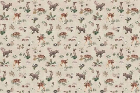 Woodland animals gathered under trees in a warm little scene, here on a warm beige ground. As a true repeat it tiles to fit any wall, whether as an all-over nursery paper or a single feature panel.