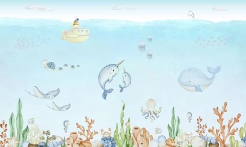 Narwhals, a whale and a little submarine drift above a bright coral reef.