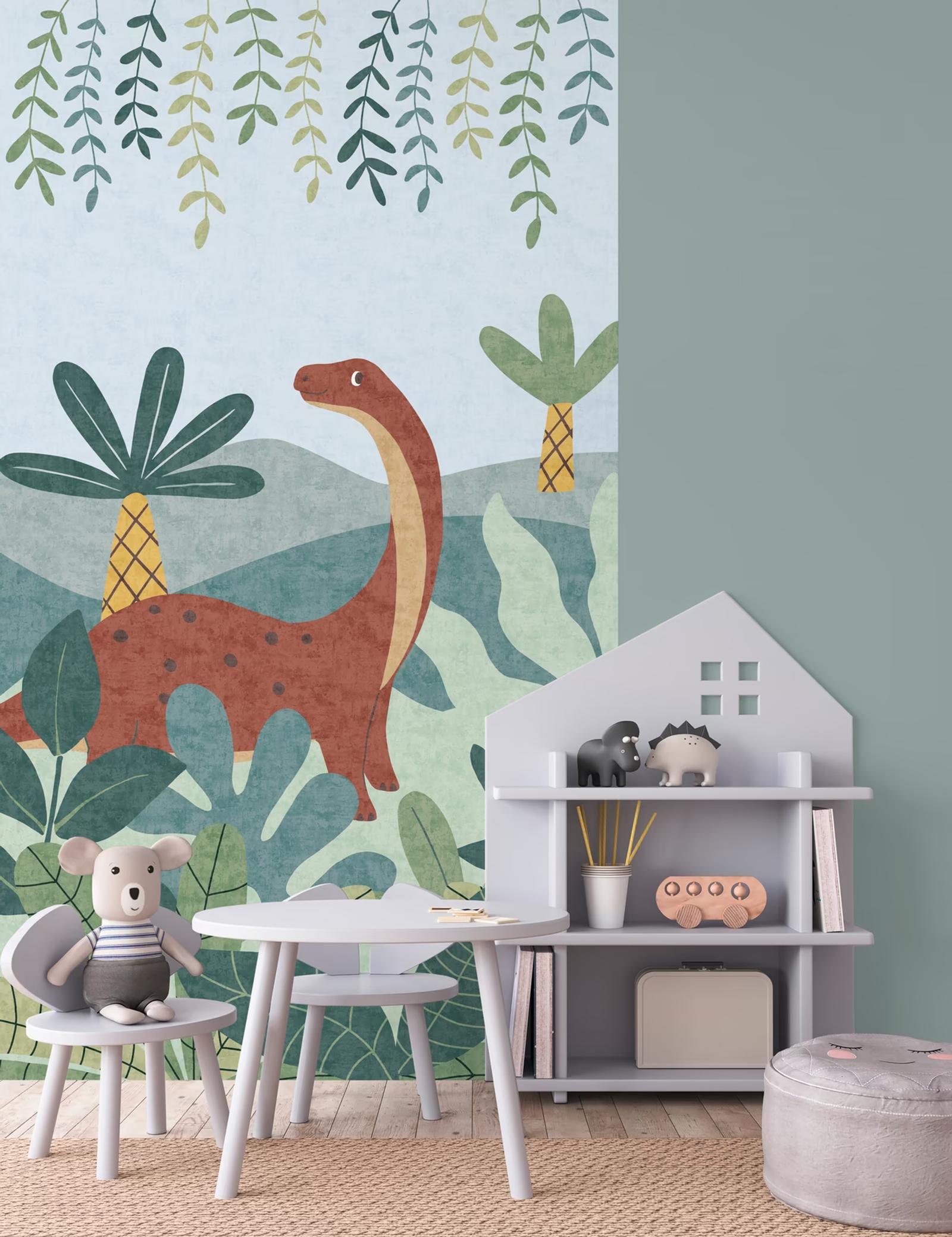 Dinosaur Jungle wall panel beside a dolls' house and play table