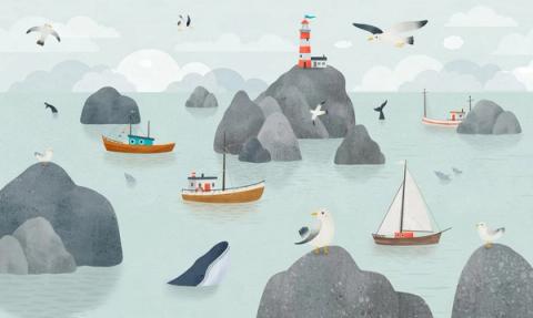 Fishing boats and a lighthouse among rocky islets, with gulls and a passing whale.