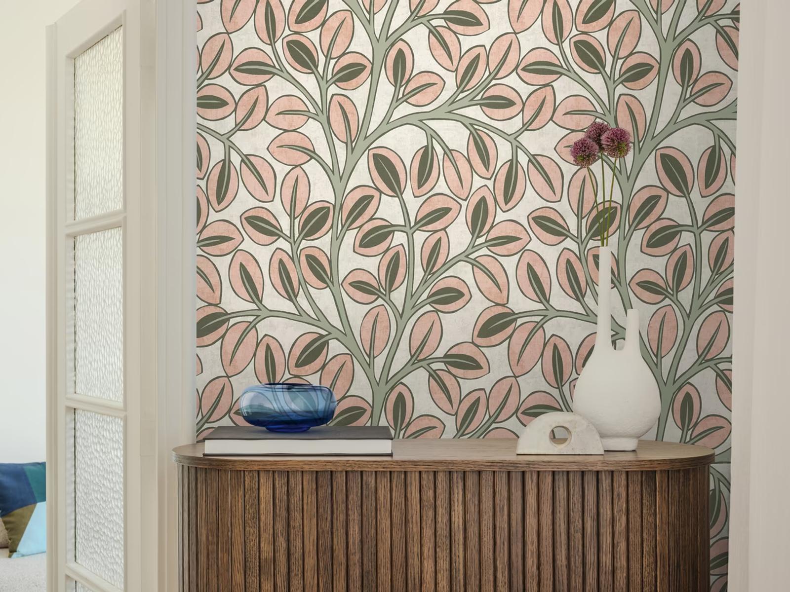 Blush Vine wallpaper in pink and sage above a dark fluted sideboard