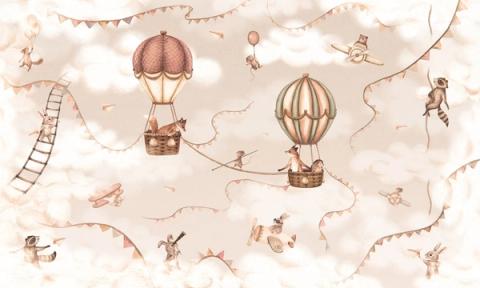 Balloons, biplanes and paper streamers drift past little animal aviators.