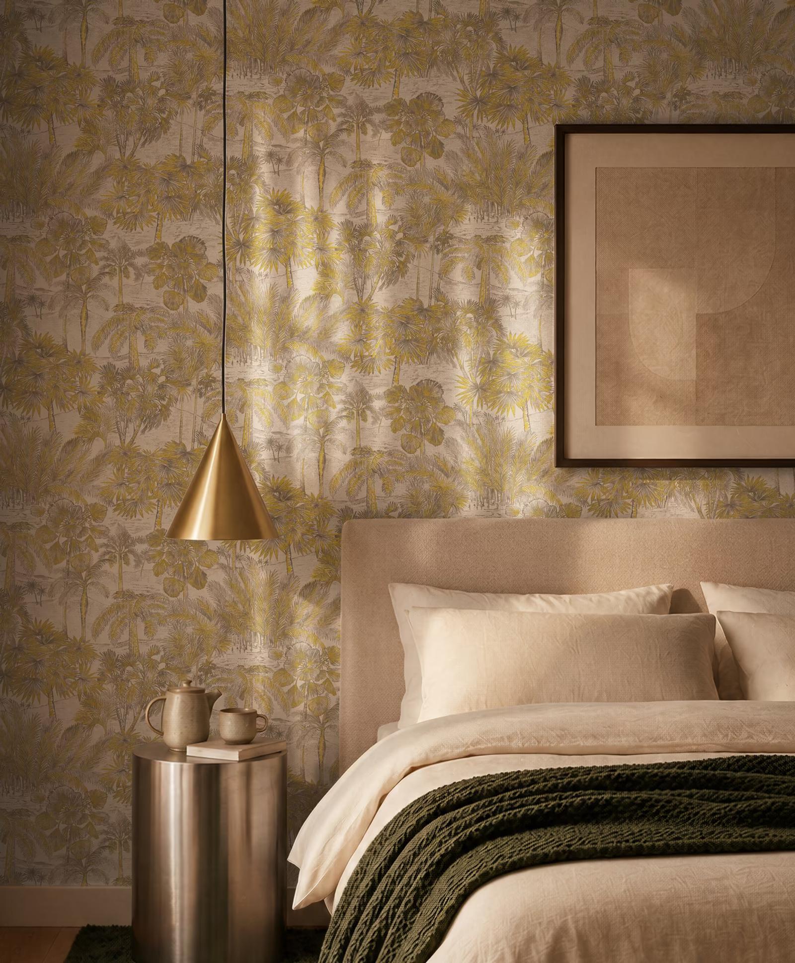 Cosiness golden palm grove wallpaper in a Bangkok living room