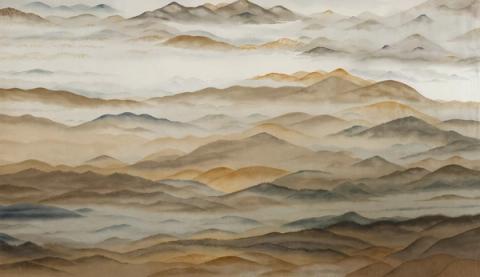 Golden ridges roll away under a pale sky, warmer and more open than the rest. It brings light to a wall that does not get much of it.