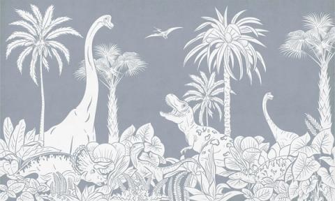 Long-necked dinosaurs wander among tall palms and ferns, drawn as a soft tonal silhouette that fades from a deeper sky into a paler foreground. Printed in a single tone of soft blue. A calm, graphic take on a prehistoric world — grown-up enough to outlast the dinosaur years.