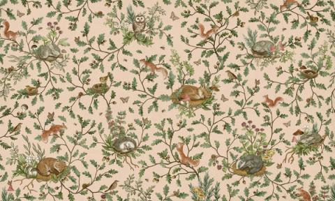 Woodland animals — rabbits, foxes and birds — dotted through leaves and berries in a fine all-over pattern. Shown on a warm beige ground. Warm and storybook, it is a wall a child grows into.