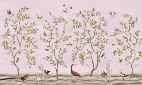 The same lemon trees, pheasants and butterflies on a soft blush ground. It warms a whole room without turning it pink, and works particularly well behind a bed.