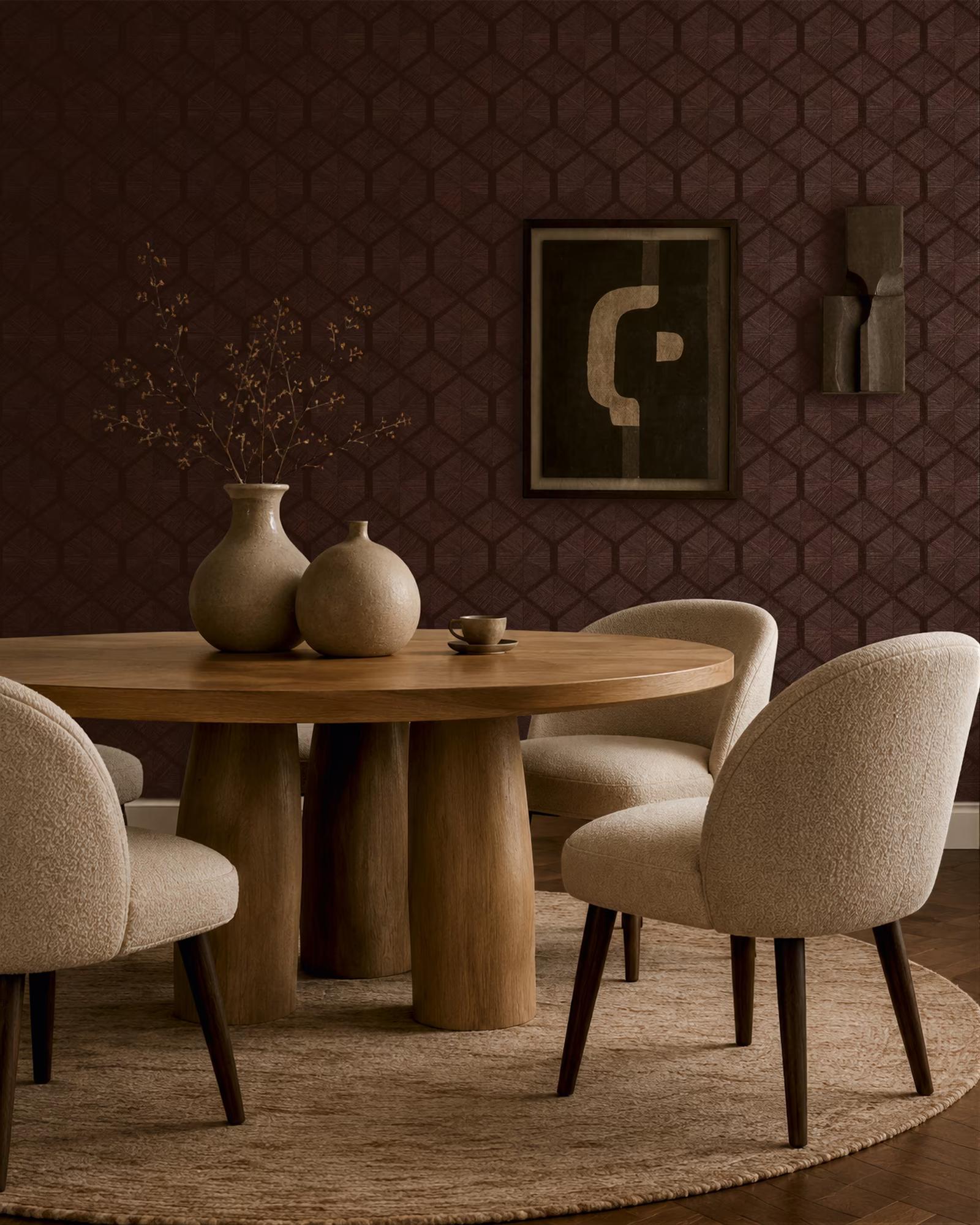 Mahogany Marquetry wallpaper in a dining room with a round oak table