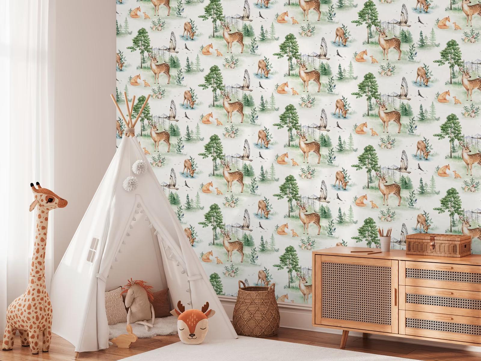 Forest Friends wallpaper in a child's room with a play teepee