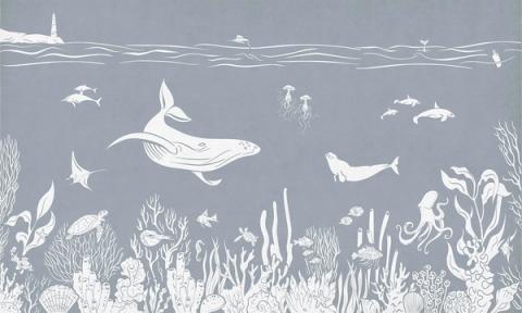 Whales, rays and little fish drift through a tonal underwater scene that lightens from the seabed up to the surface. Printed in a single tone of soft blue. Peaceful and dreamy, made for a room you want to feel still.