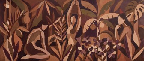 Dense foliage and half-seen figures in deep rust and umber, closer to a tapestry than a painting. Best given a long wall where the pattern can run.