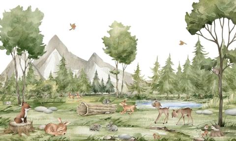 Deer and fawns graze in a pine clearing below soft grey mountains.