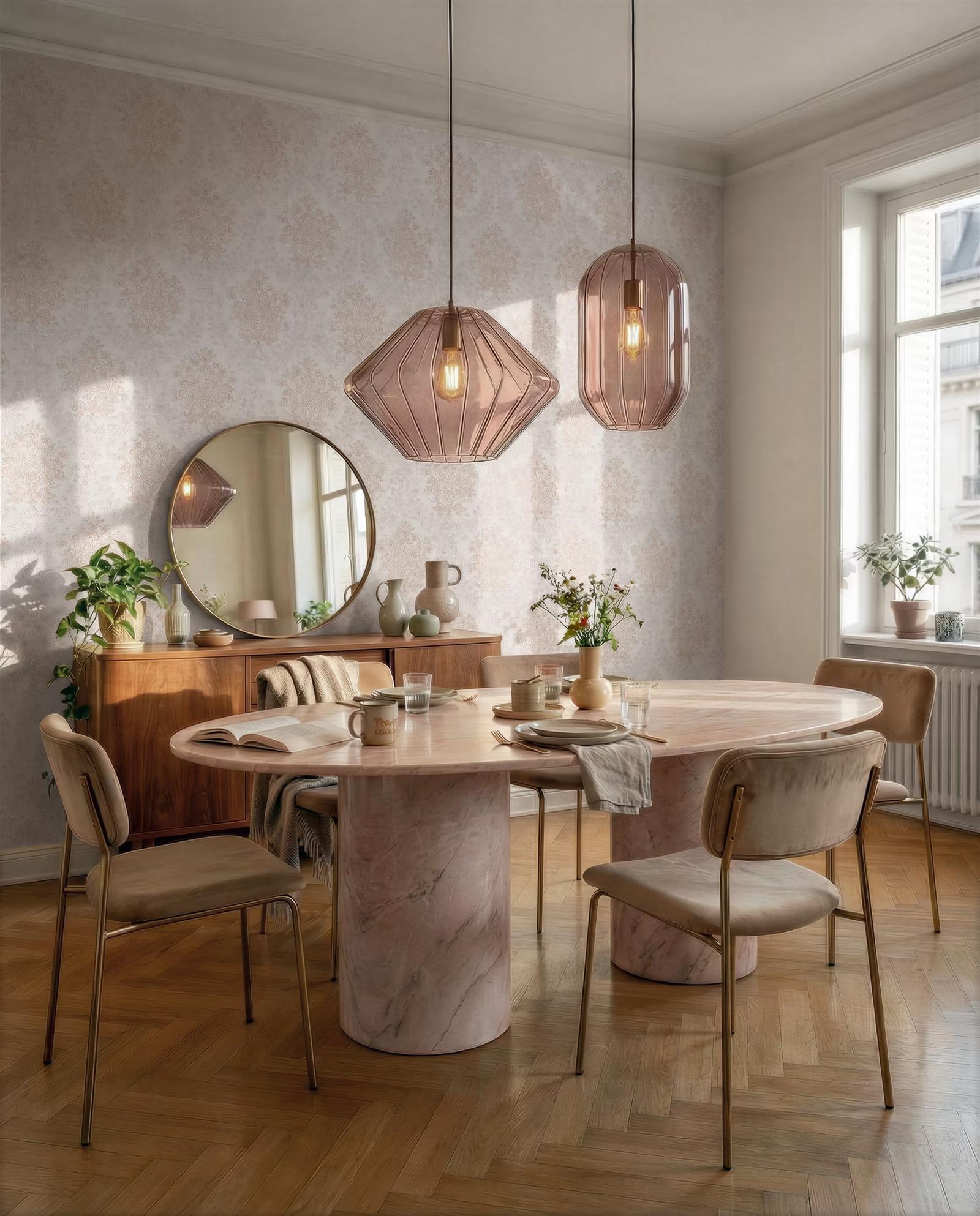 Grey Baroque wallpaper in a dining room with glass pendant lights