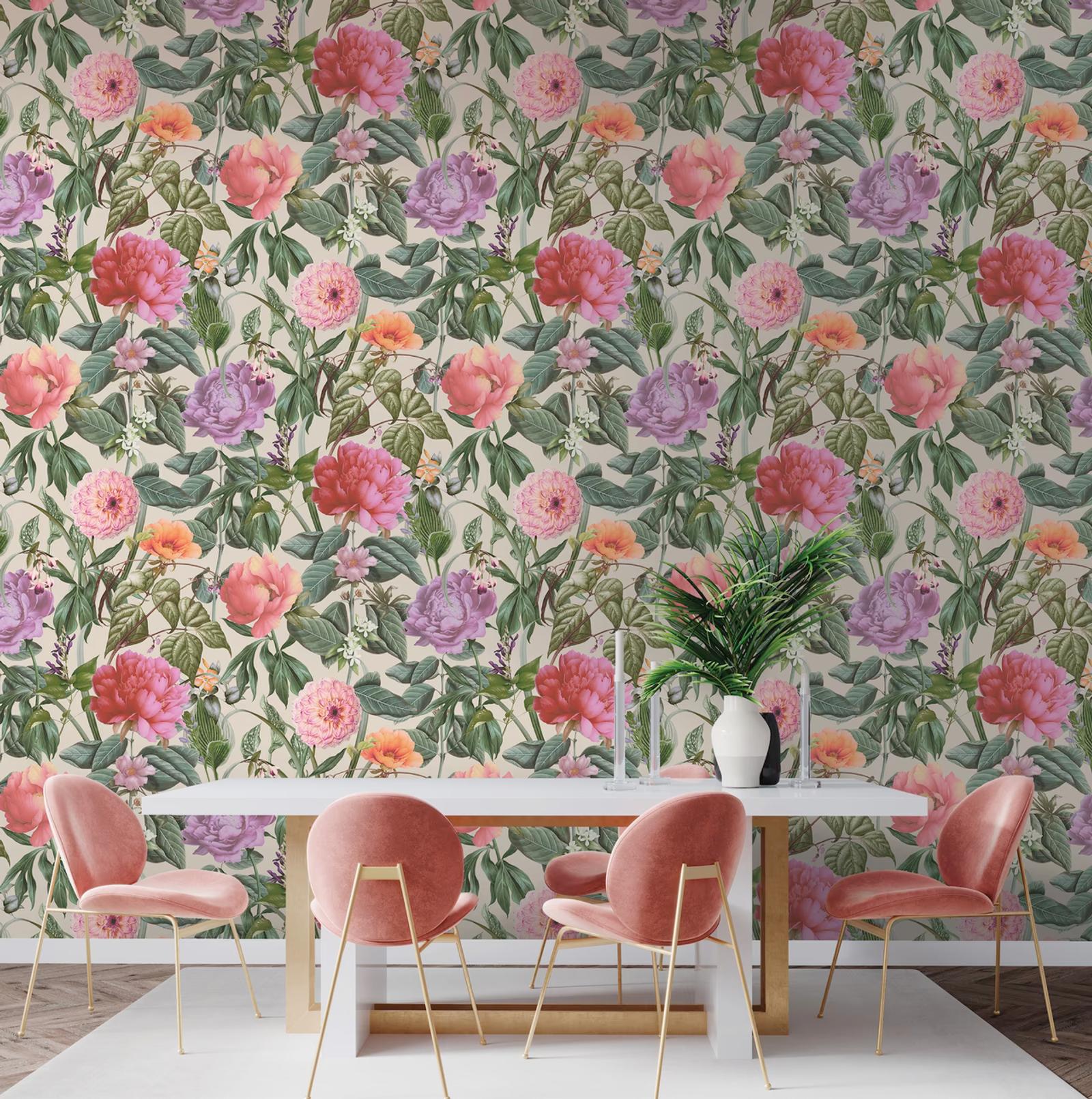 Botanicus Cream peony wallpaper in a dining room with pink chairs