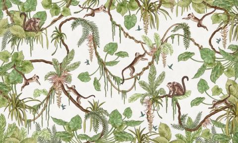 Monkeys swing through hanging vines and palm fronds in a lively all-over design, with flamingos and birds tucked among the leaves. Shown on a clean white ground. Busy in the best way, with something new to spot each time.