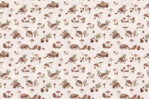 Hedgehogs, mushrooms and leaves dotted through a cosy design, here on a clean white ground. As a true repeat it tiles to fit any wall, whether as an all-over nursery paper or a single feature panel.