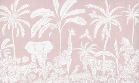 Palms, elephants, giraffes and other jungle animals massed into a tonal silhouette, layered from a darker sky down to a light forest floor. Printed in a single tone of dusky pink. Detailed up close, yet soft enough to sit quietly behind a cot.