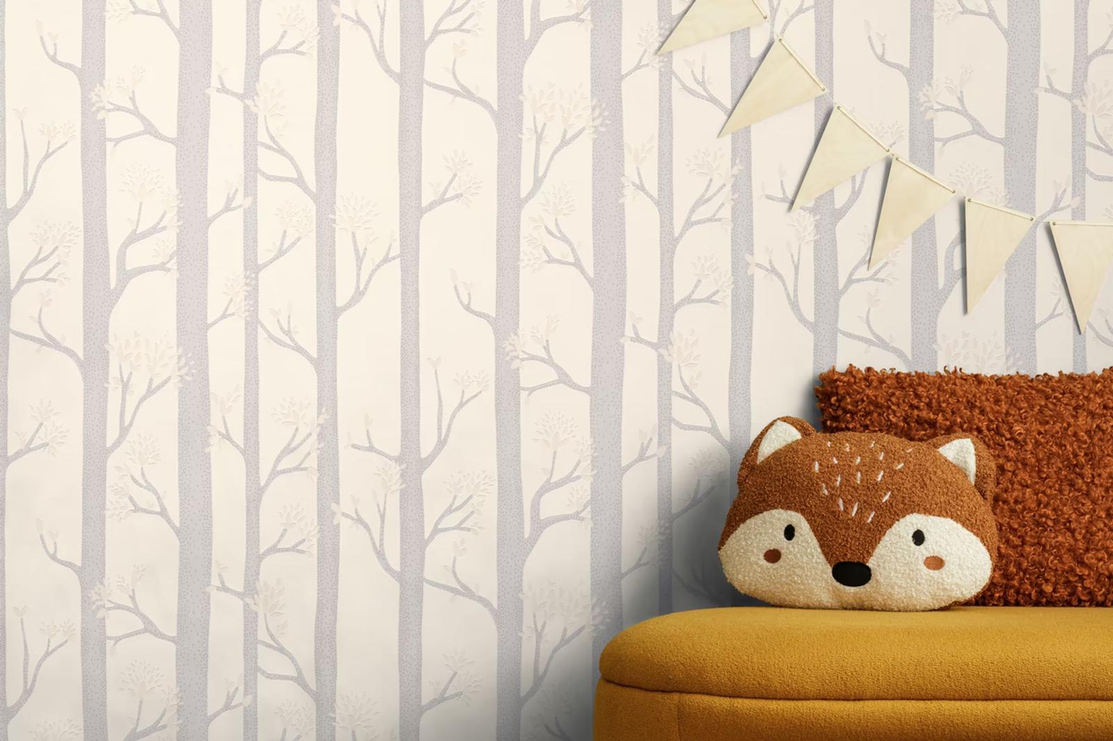 Blush Birch wallpaper above an ochre pouffe with a fox cushion
