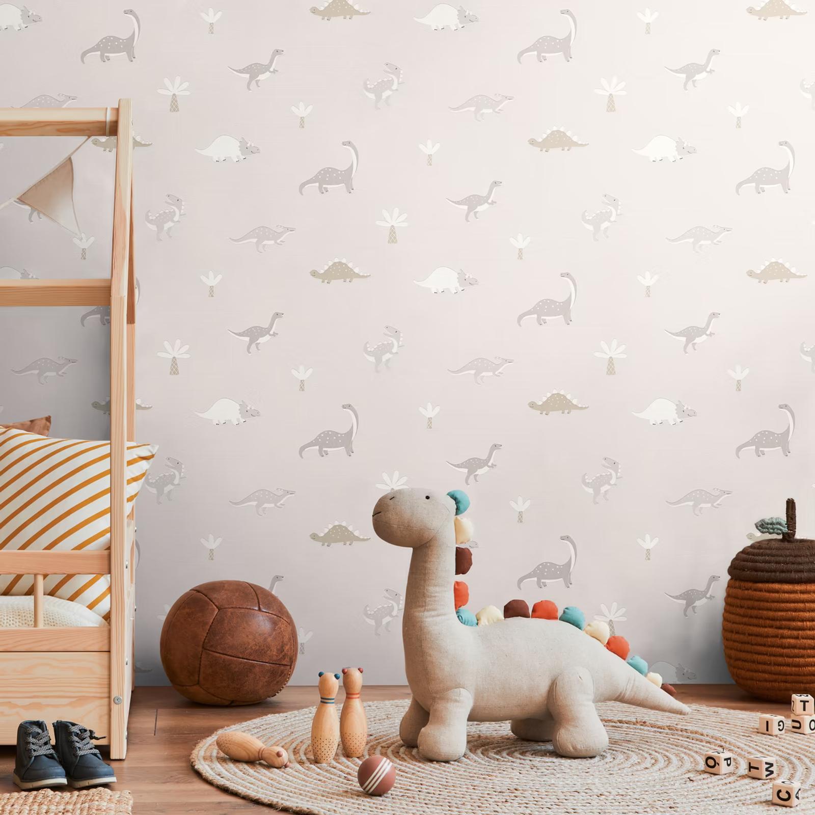 Lilac Dino wallpaper in a nursery with a soft dinosaur toy
